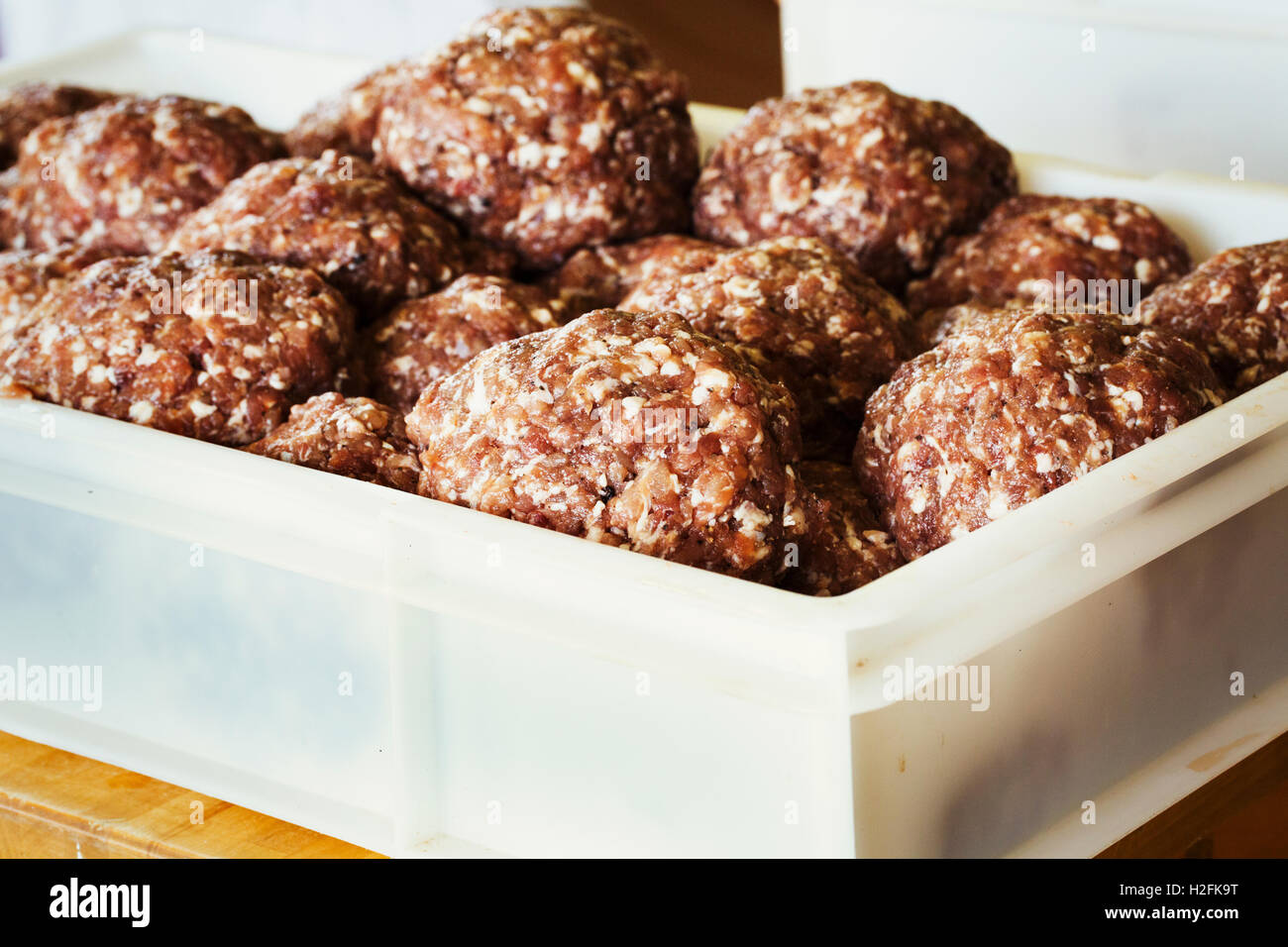Close up of minced meat patties in a tray. Stock Photo