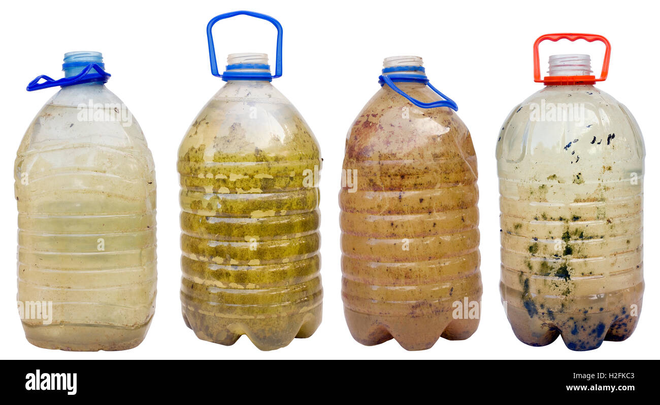 Very dirty dangerous water in plastic bottles isolated set Stock Photo