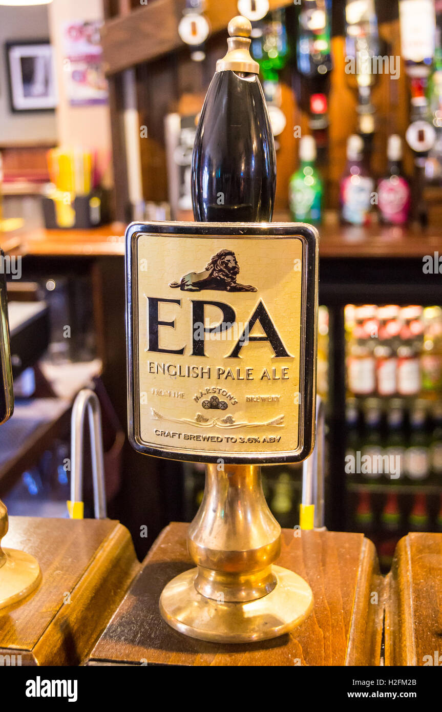 Pump clip for Marston's EPA  on a bar, Queen's Head pub, Hedon, East Riding, Yorkshire, England Stock Photo