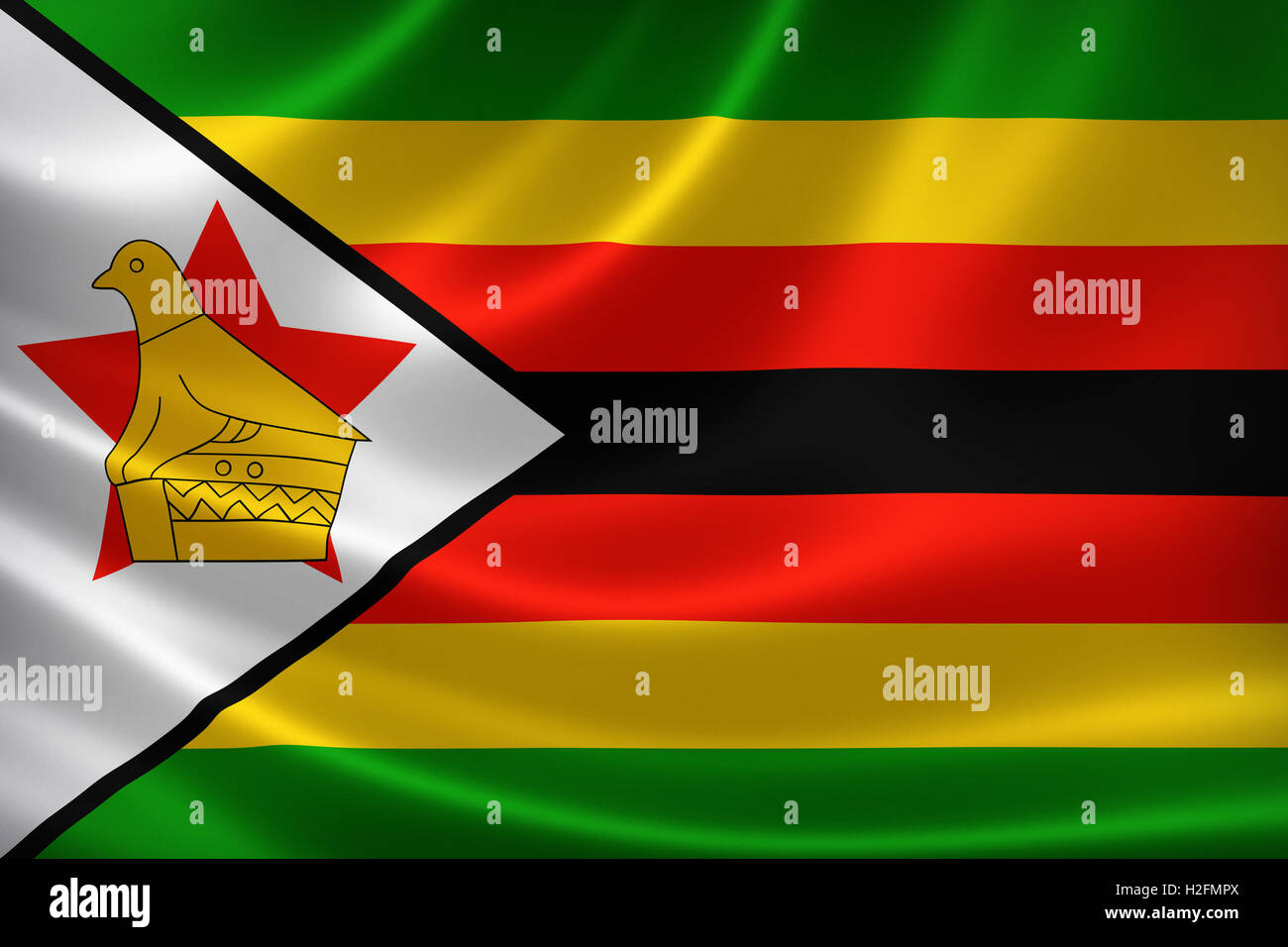 3D rendering of the flag of Zimbabwe on satin texture. Stock Photo