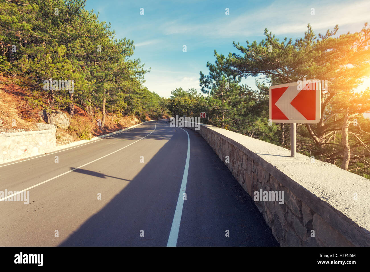 Asphalt road with road sign in the forest at colorful sunrise. Beautiful landscape with road, trees, blue sky in summer. Vintage Stock Photo