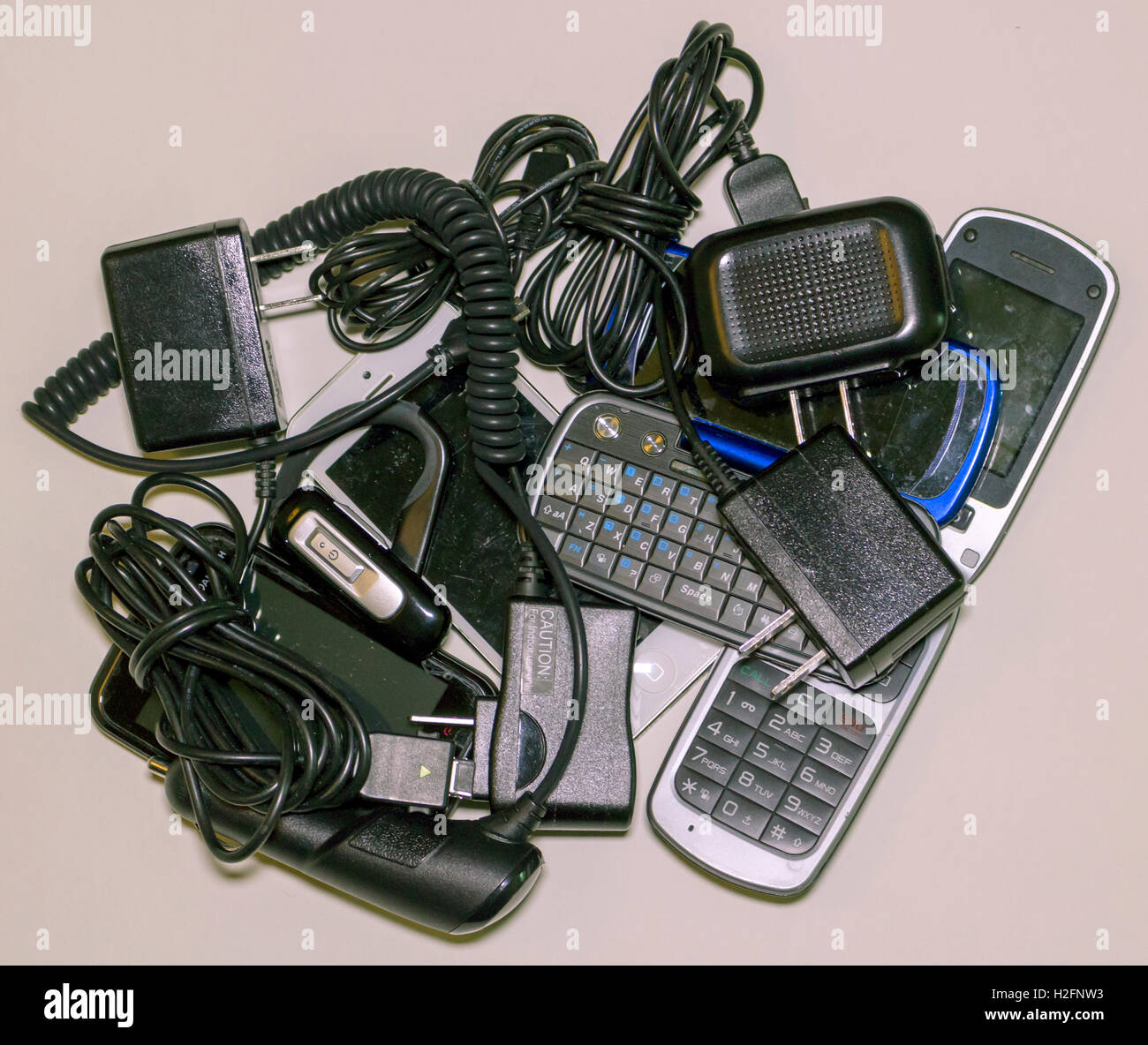 Pile of old mobile phones. Stock Photo