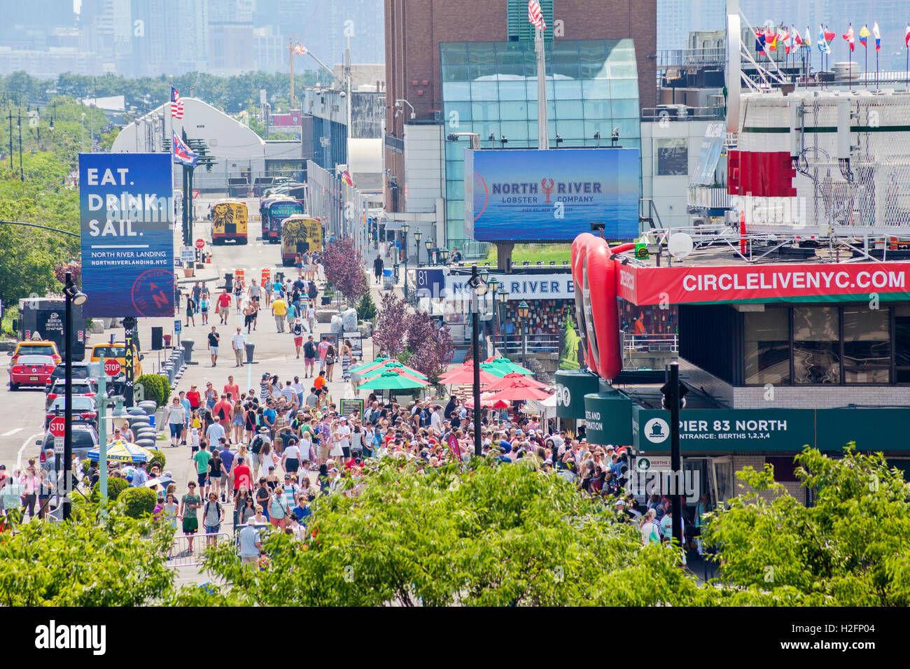 A view of New York City Pier 83 on the Hudson River filled with