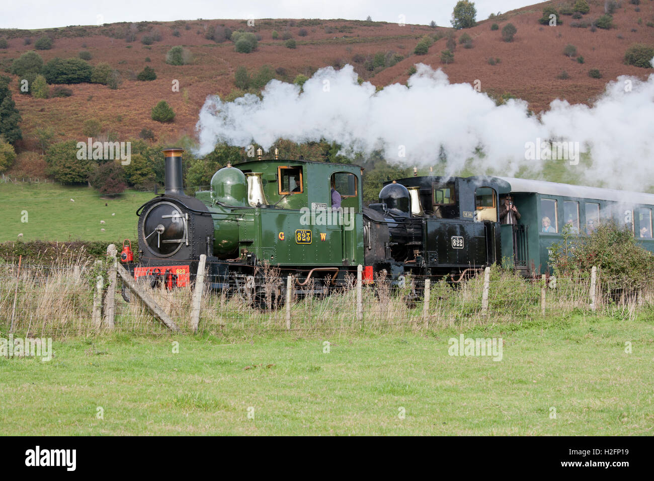Welshpool and Llanfair Railways Countess and Earl double heading a steam train Stock Photo