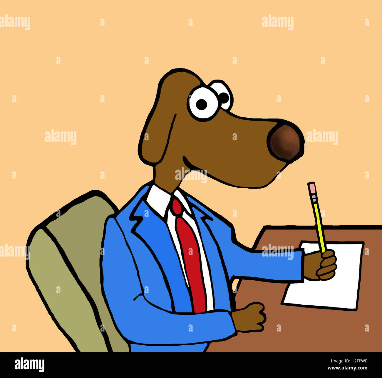 Color business illustration of business dog sitting at his desk and writing. Stock Photo