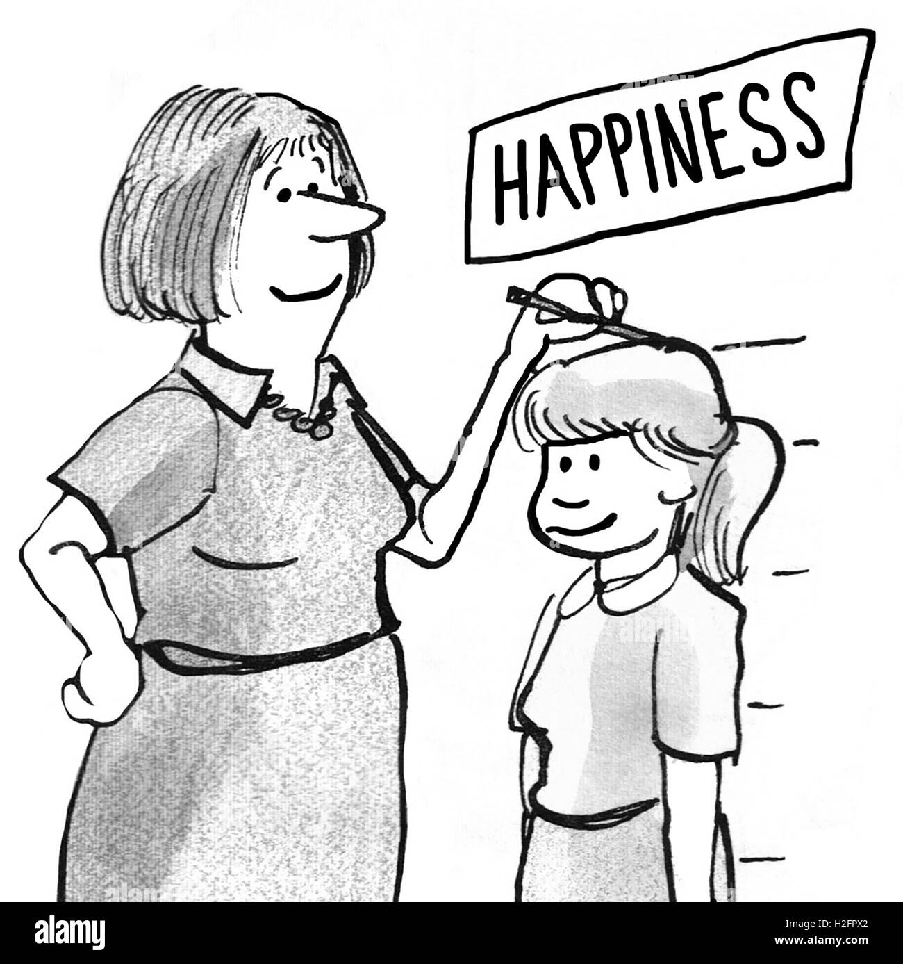 B&W illustration of mother measuring how tall her daughter is. As the