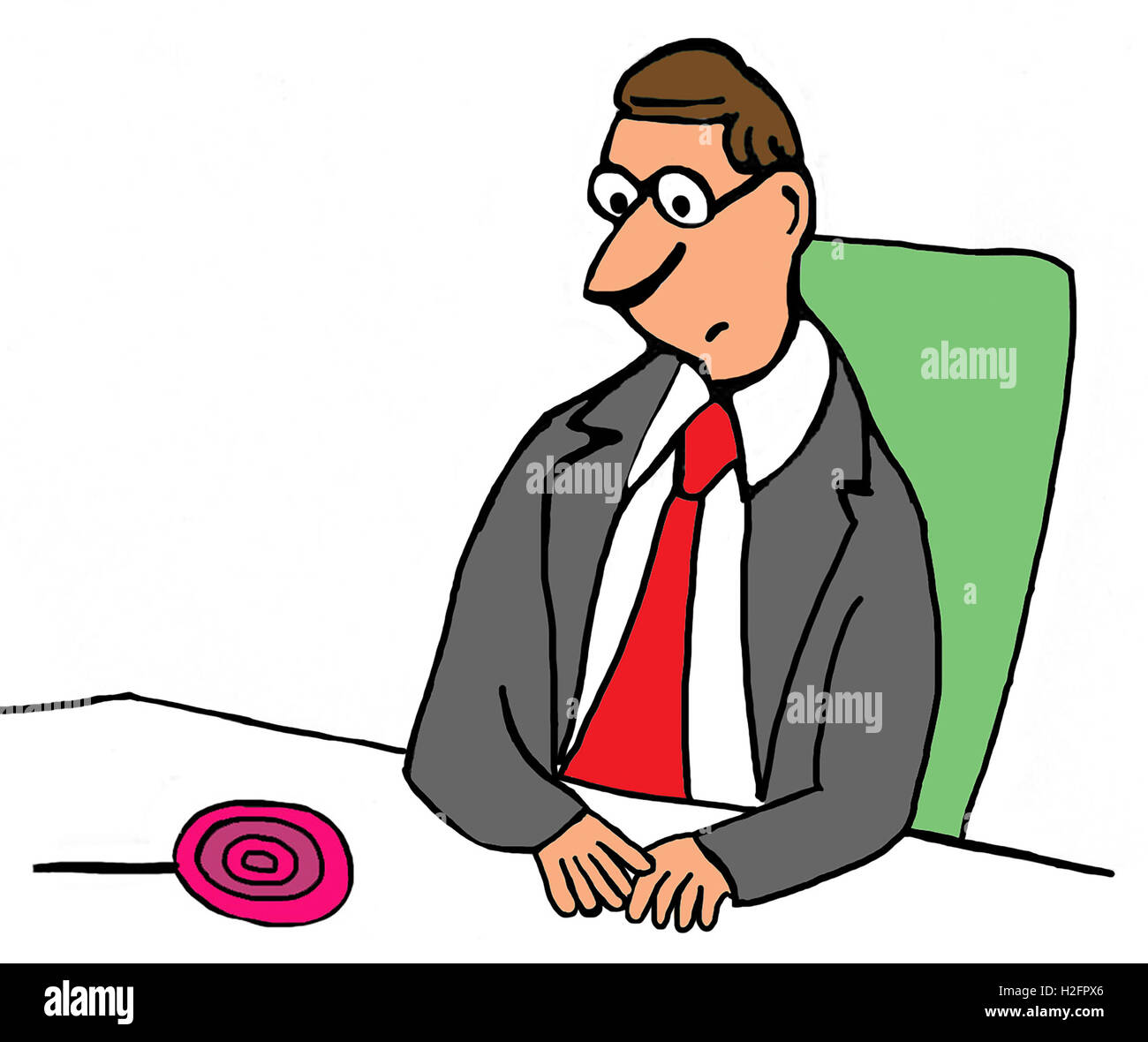 Business color illustration of a businessman sitting in a chair and looking at a lollipop on the table in front of him. Stock Photo