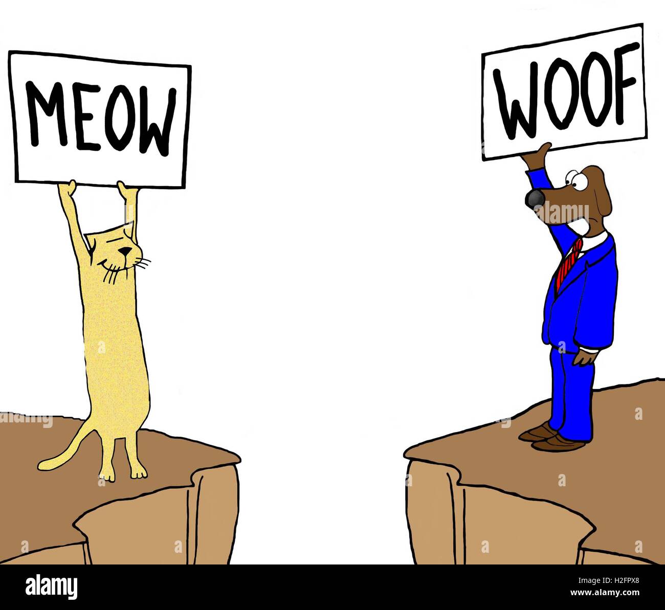 Color illustration of a cat and dog on different cliffs holding sign that say 'meow' and 'woof', respectively, Stock Photo