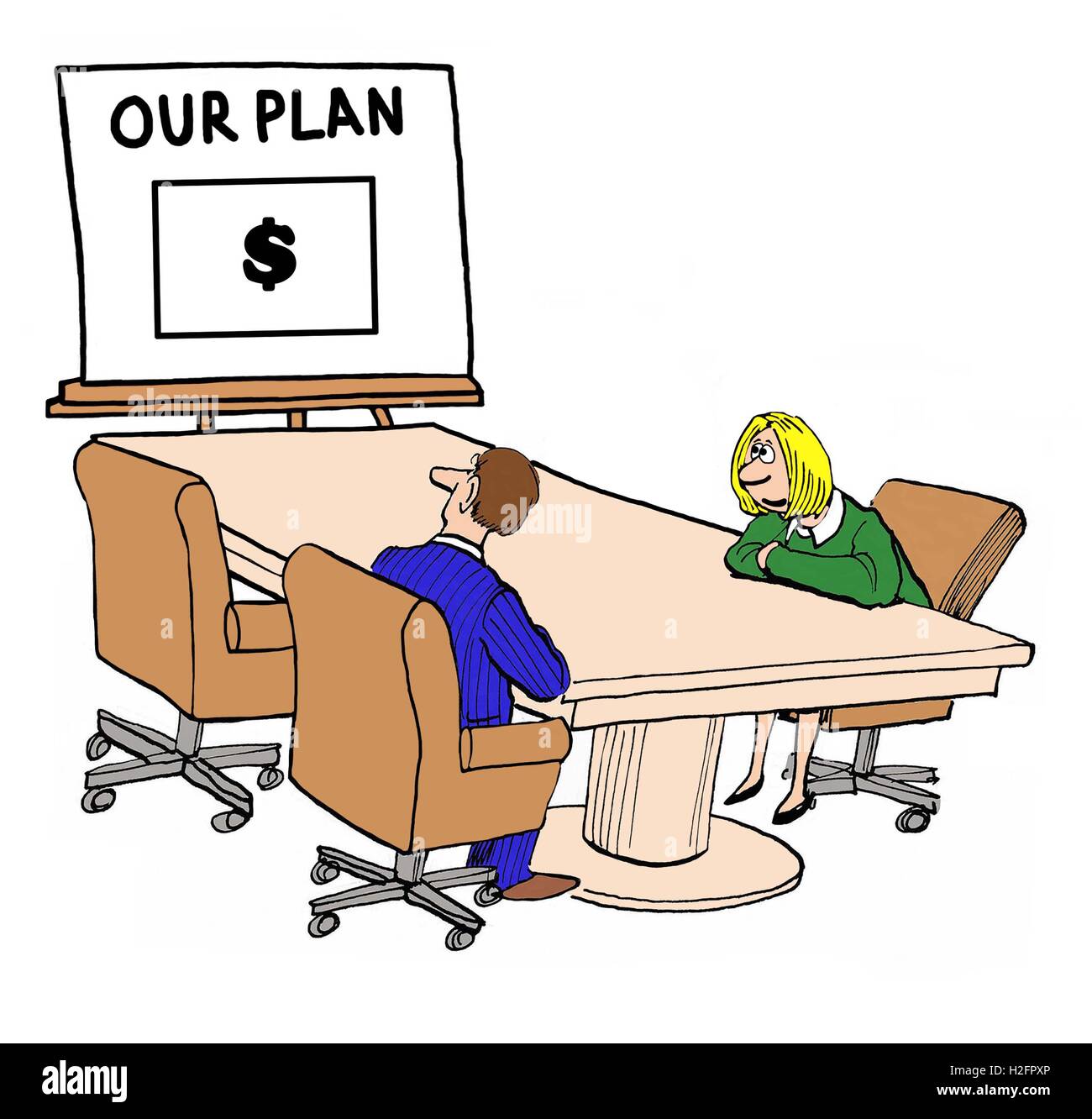 Business color illustration of two businesspeople looking at a plan focused on making money. Stock Photo