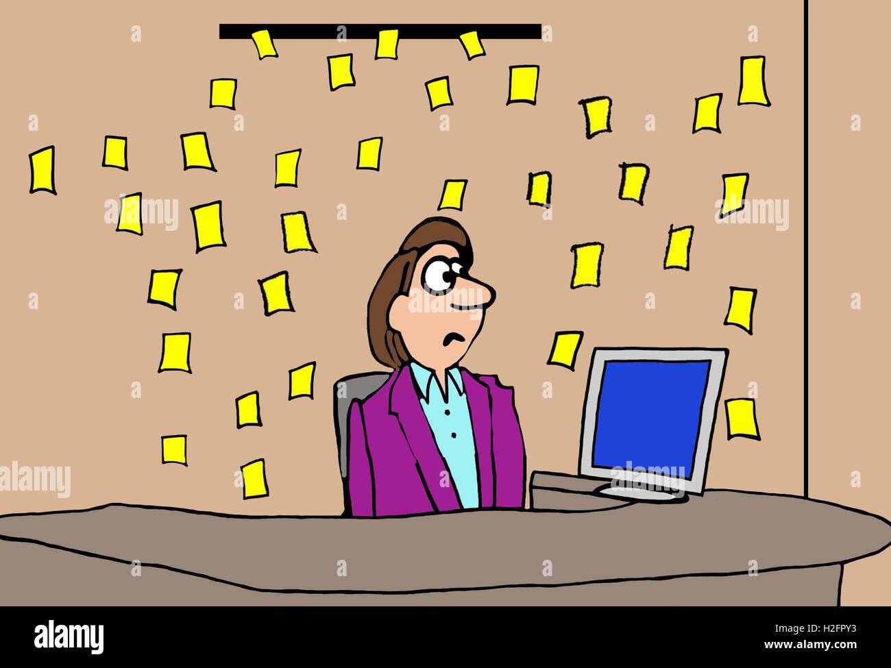 Business color illustration of businesswoman dismayed at all the yellow sticky notes floating down to her desk. Stock Photo