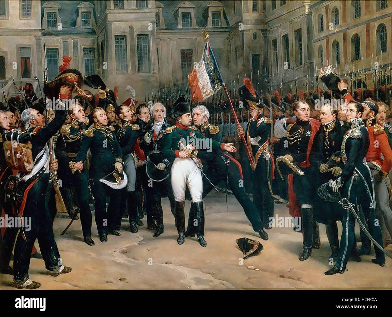NAPOLEON BONAPARTE (1769-1821)  His farewell to his Imperial Guard at Fontainbleau on 20 April 1814 painted by Antoine Montfort about 1860 Stock Photo