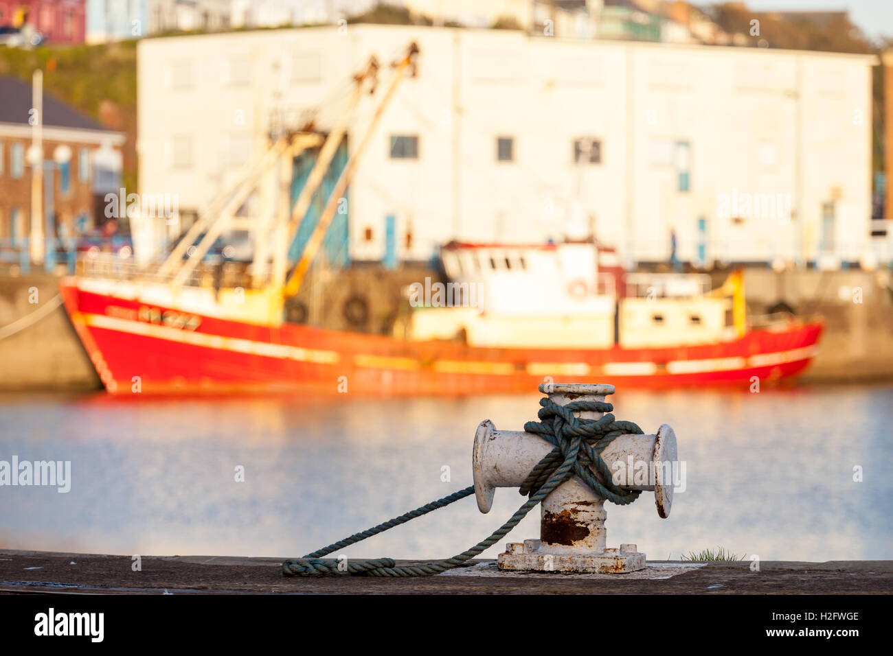 Mooring Bollard at Milford Haven Marina, Pembrokeshire, Wales, UK Stock Photo