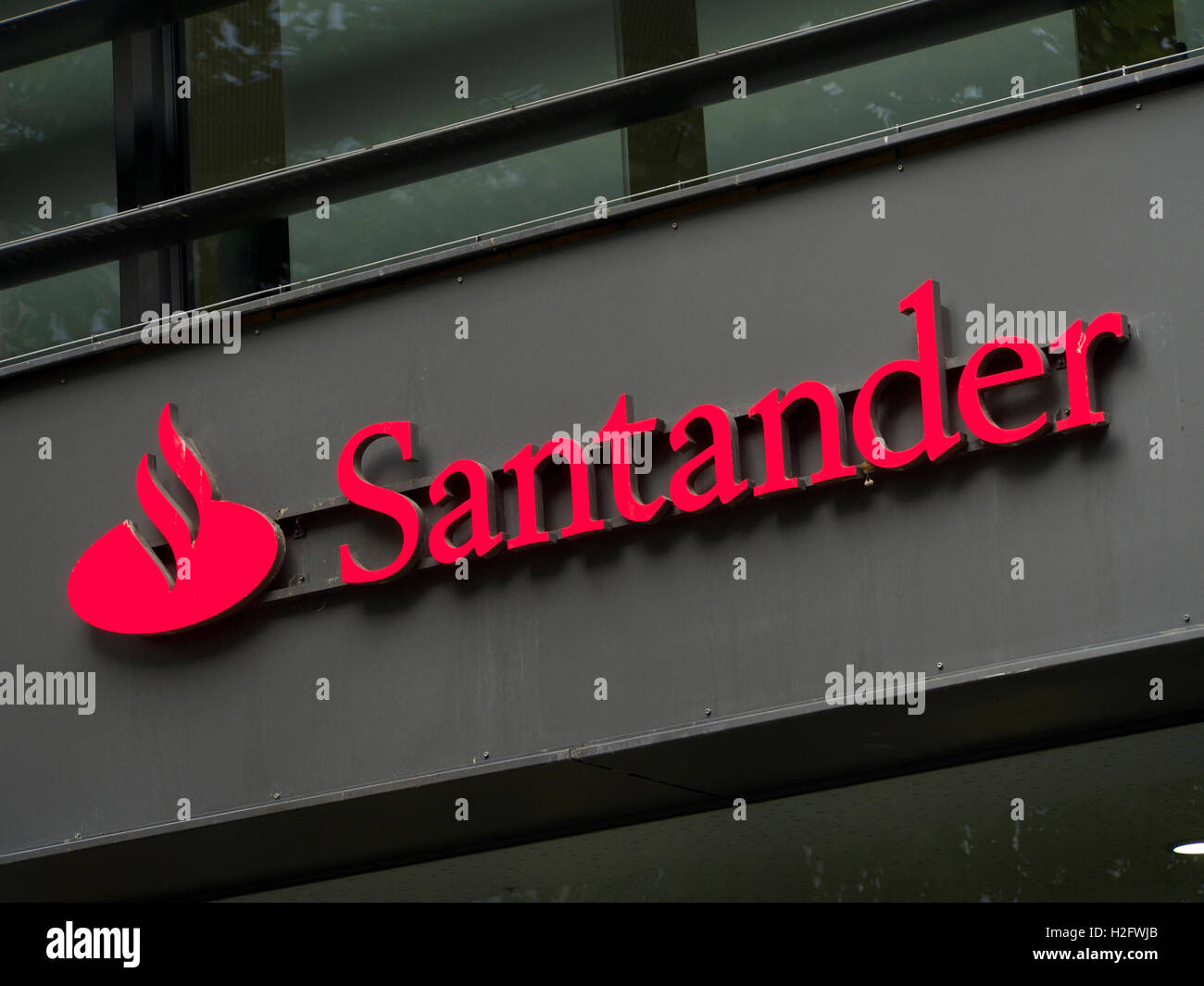 Banco Santander logo corporate identity. It is one of the largest banks in the Euro zone. Stock Photo