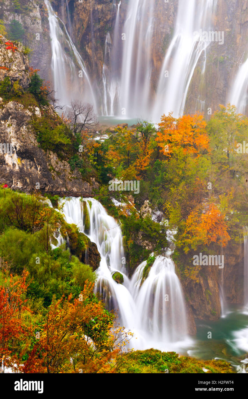 Autum colors and waterfalls of Plitvice National Park in Croatia Stock Photo