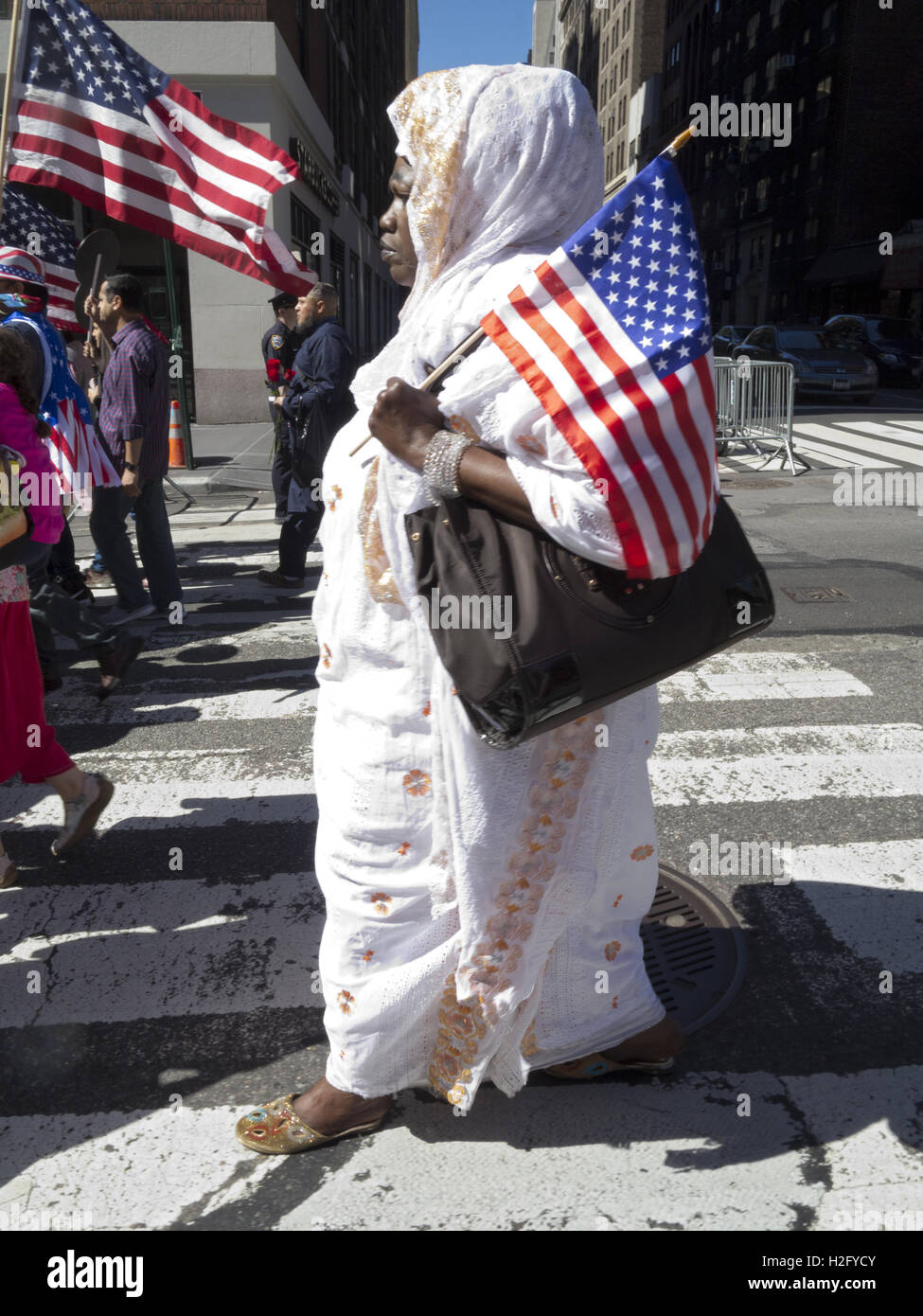 Patriotic woman marches in American Muslim Day Parade in New York City, 2016. Stock Photo