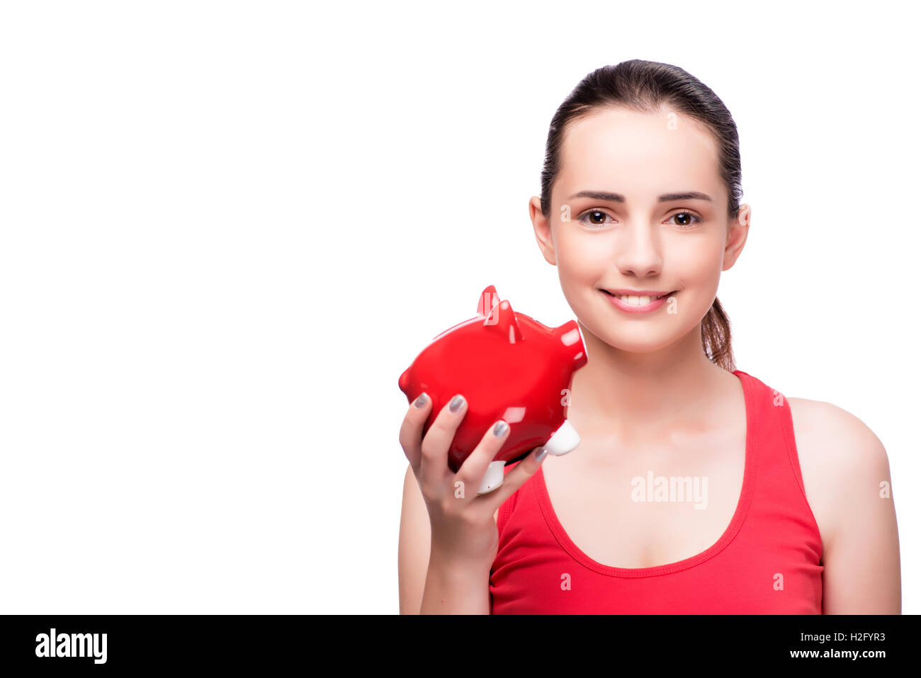 Woman with piggy bank isolated on white Stock Photo - Alamy