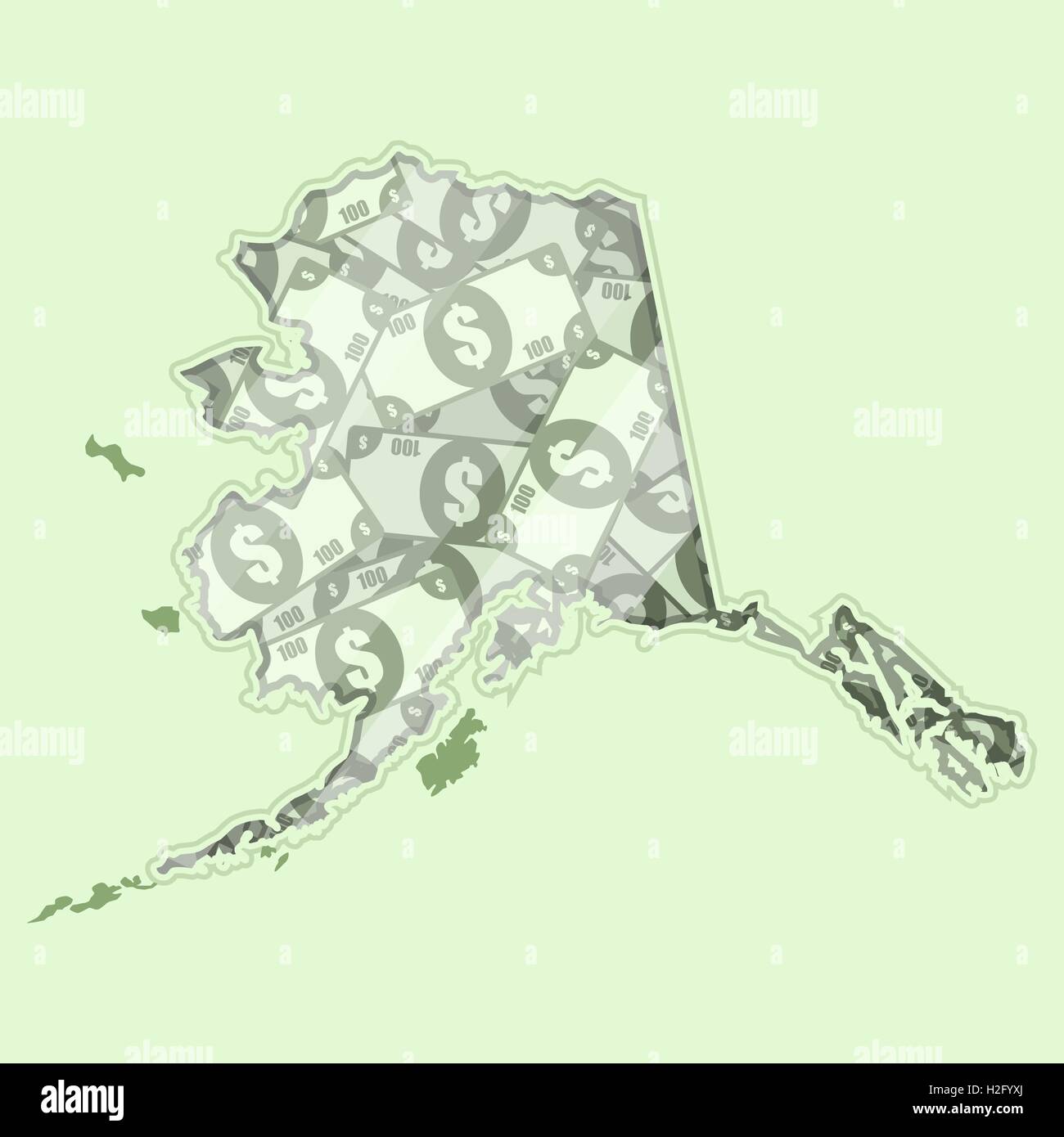 Map Alaska covered in money, bank notes of one hundred dollars. On the map there is glass reflection. Conceptual. Stock Vector