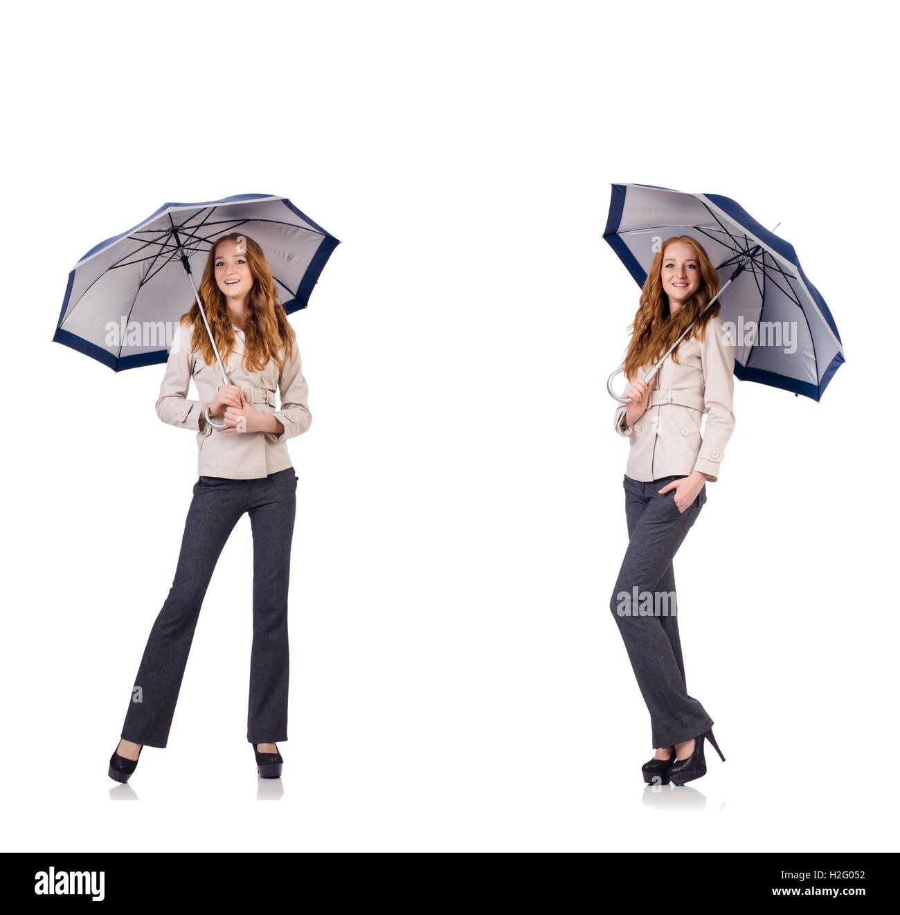 Young woman with umbrella isolated on white Stock Photo - Alamy