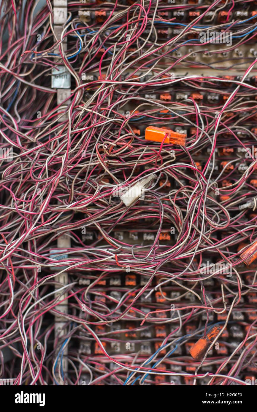 Switchboard panel with messy cables connections,The PABX Stock Photo