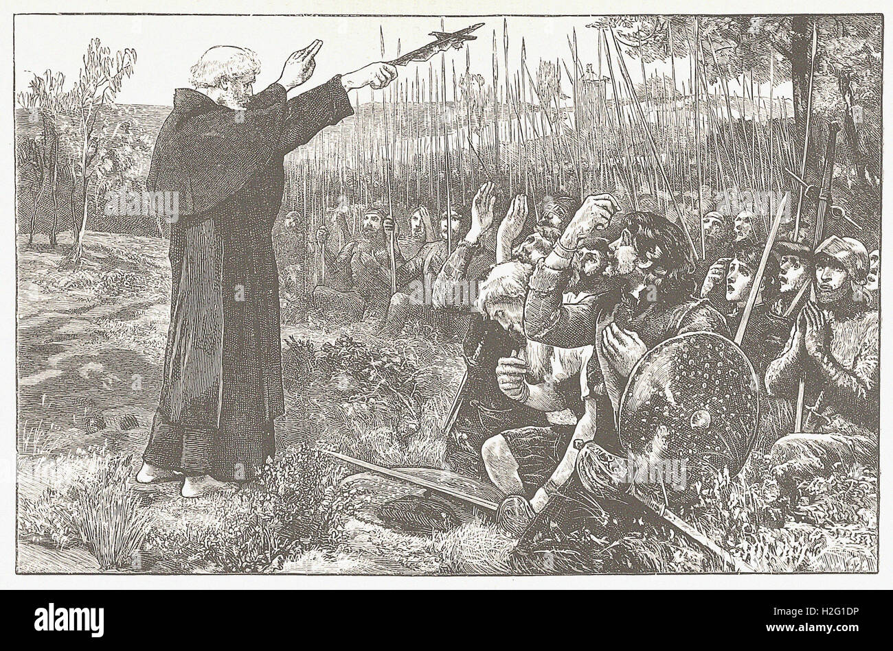 BANNOCKBURN : THE ABBOT OF INCHIAFFRAY BLESSING THE SCOTS BEFORE THE BATTLE - from 'Cassell's Illustrated Universal History' - 1882 Stock Photo