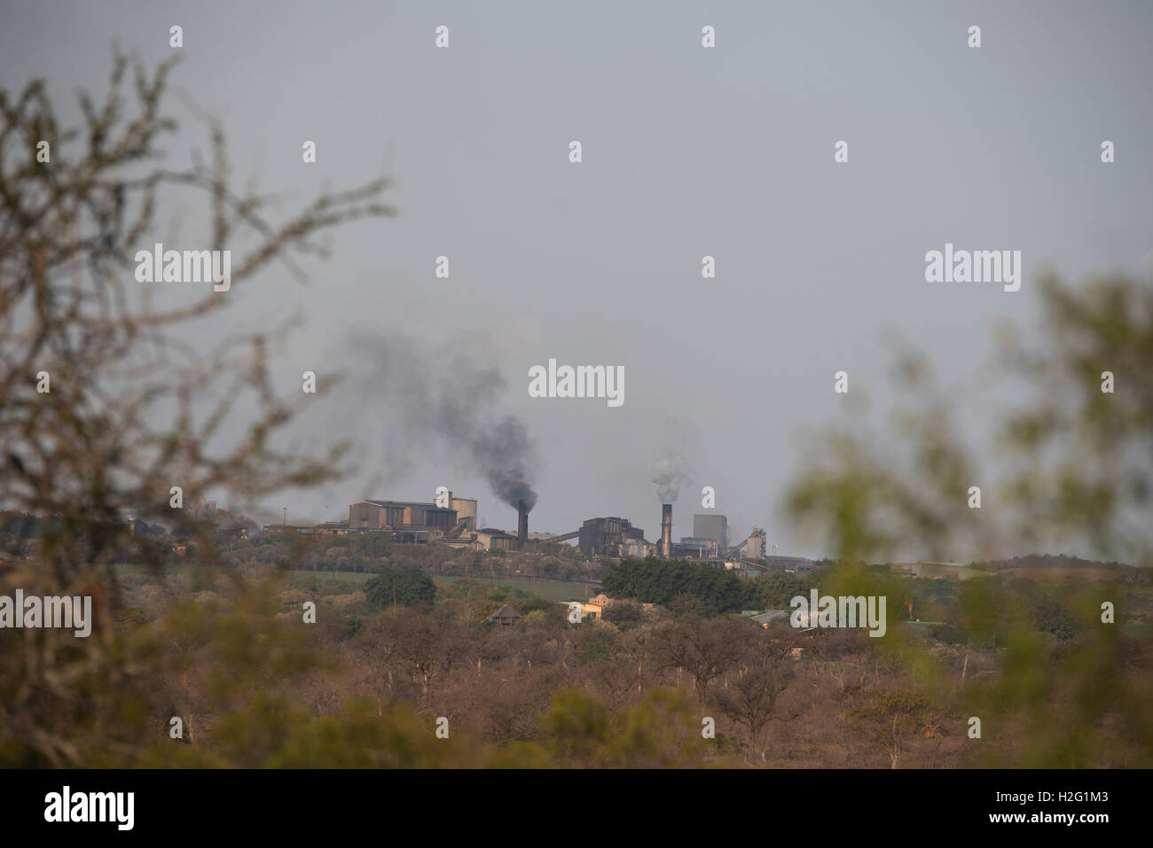 Sugar mill factory in Malelane taken from inside the Kruger National Park Stock Photo