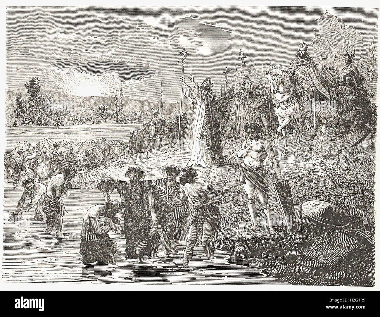 CHARLEMAGNE CAUSING THE SAXONS TO BE BAPTISED IN THE WESER - from 'Cassell's Illustrated Universal History' - 1882 Stock Photo