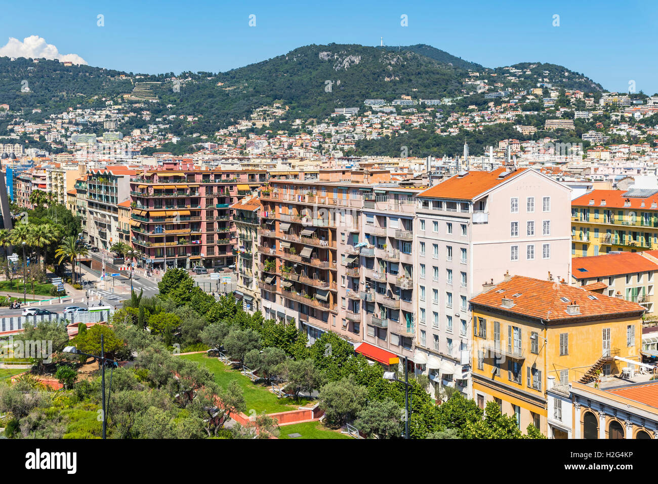 Wonderful bird-eye view of colorful historical houses in City of Nice. Nice - luxury resort of French Riviera, France Stock Photo