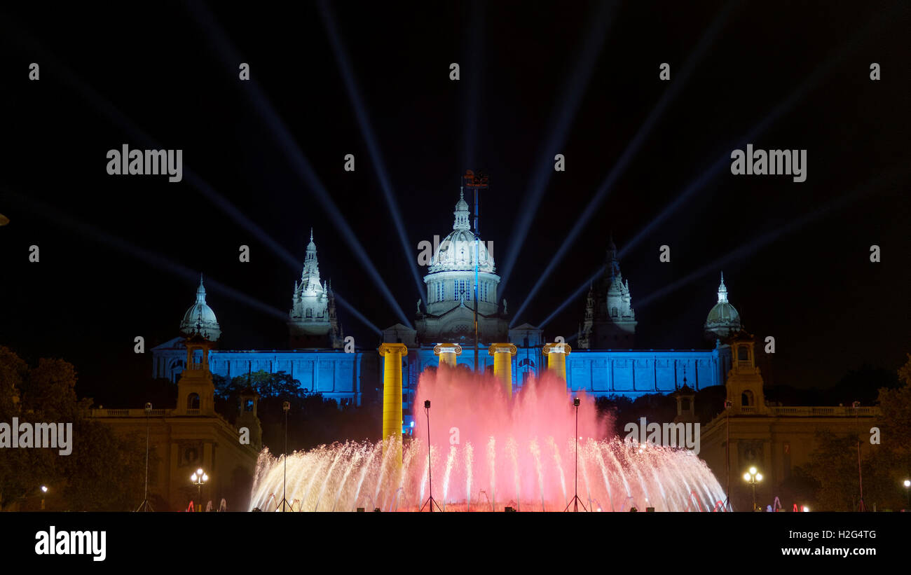 Barcelona, Spain. Magic Fountain of Montjuic laser and water show at night. Stock Photo
