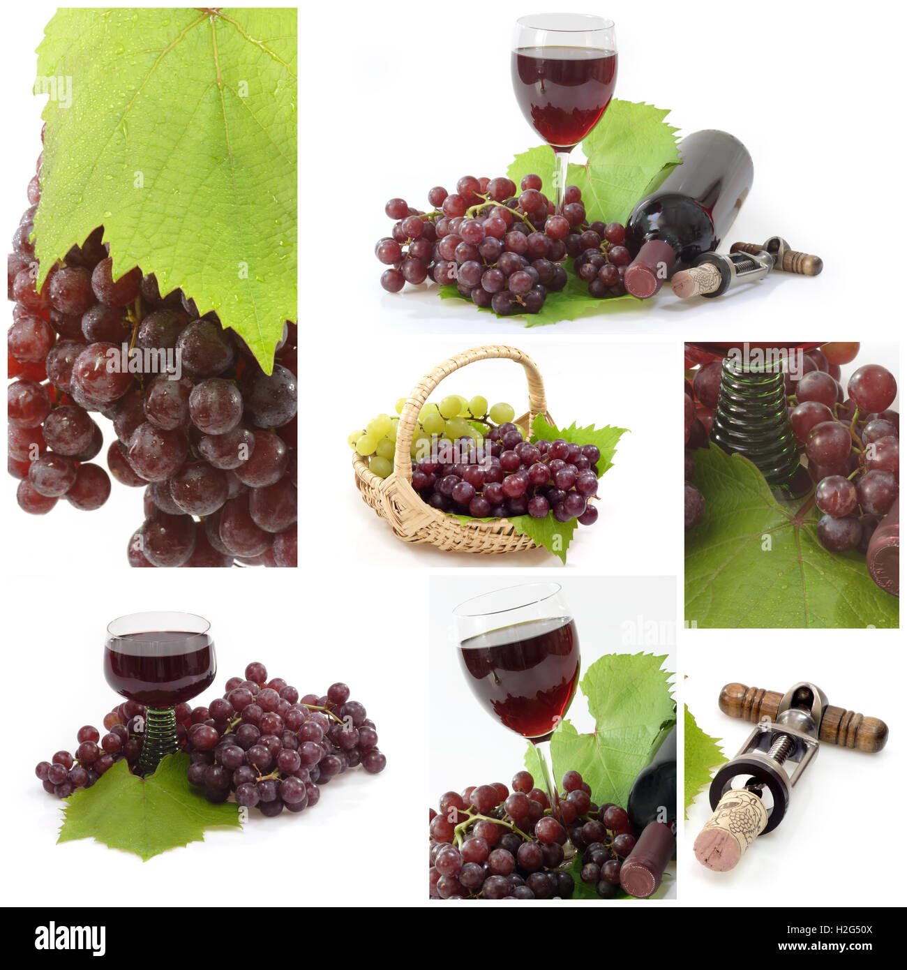 Red wine collage including pictures of grapes an grapeleafs Stock Photo