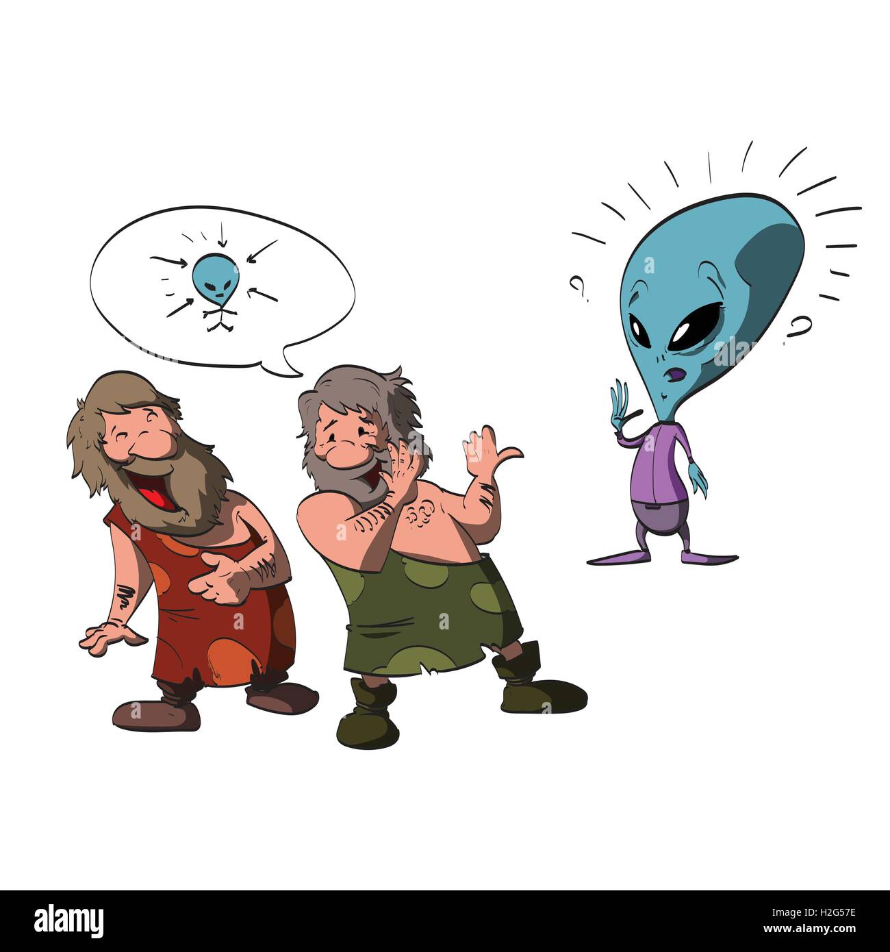 Colorful cartoon illustration of two ignorant, stupid caveman making fun of a friendly alien's big head, waving and greeting the Stock Vector