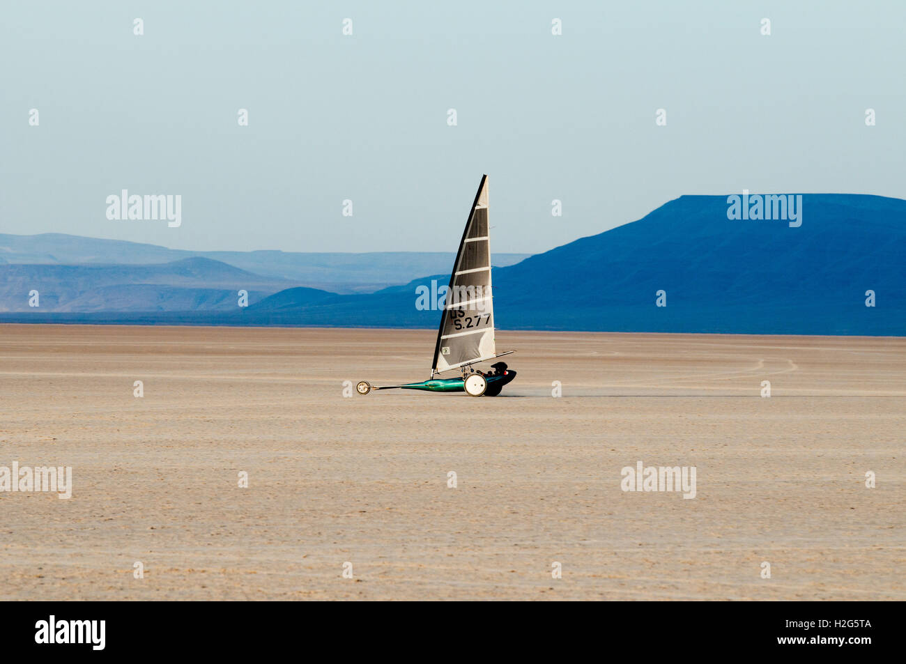 'Land sailing' on Alvord Lake ('playa') in Harney County in SE Oregon.  MR and PR forms are attached Stock Photo
