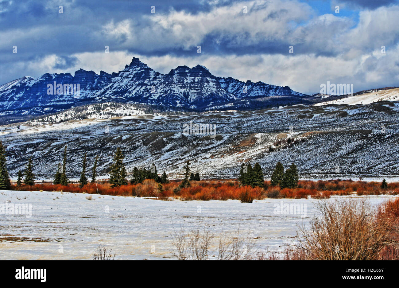Sublette Peak and willow snowfields in the Absaroka Mountain Range on Togwotee Pass in Wyoming USA Stock Photo