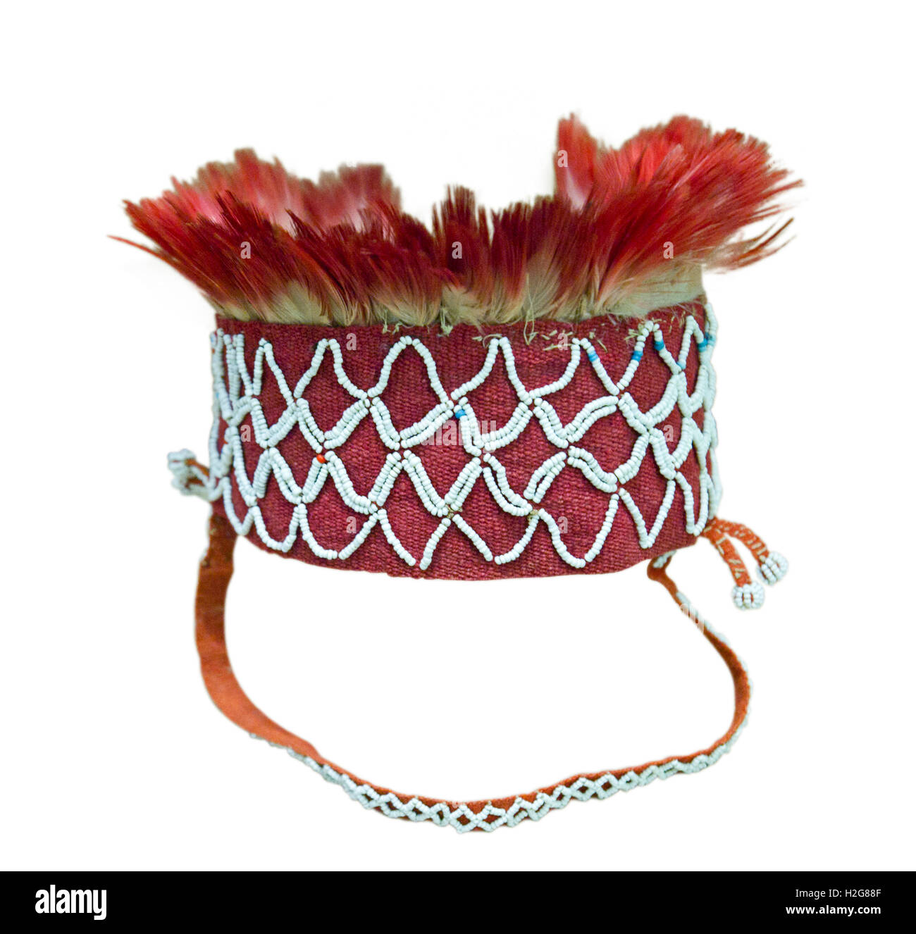 Headdress worn by men from the Pilaga tribe in Argentina.  Only those who had killed could wear red feathers. Stock Photo