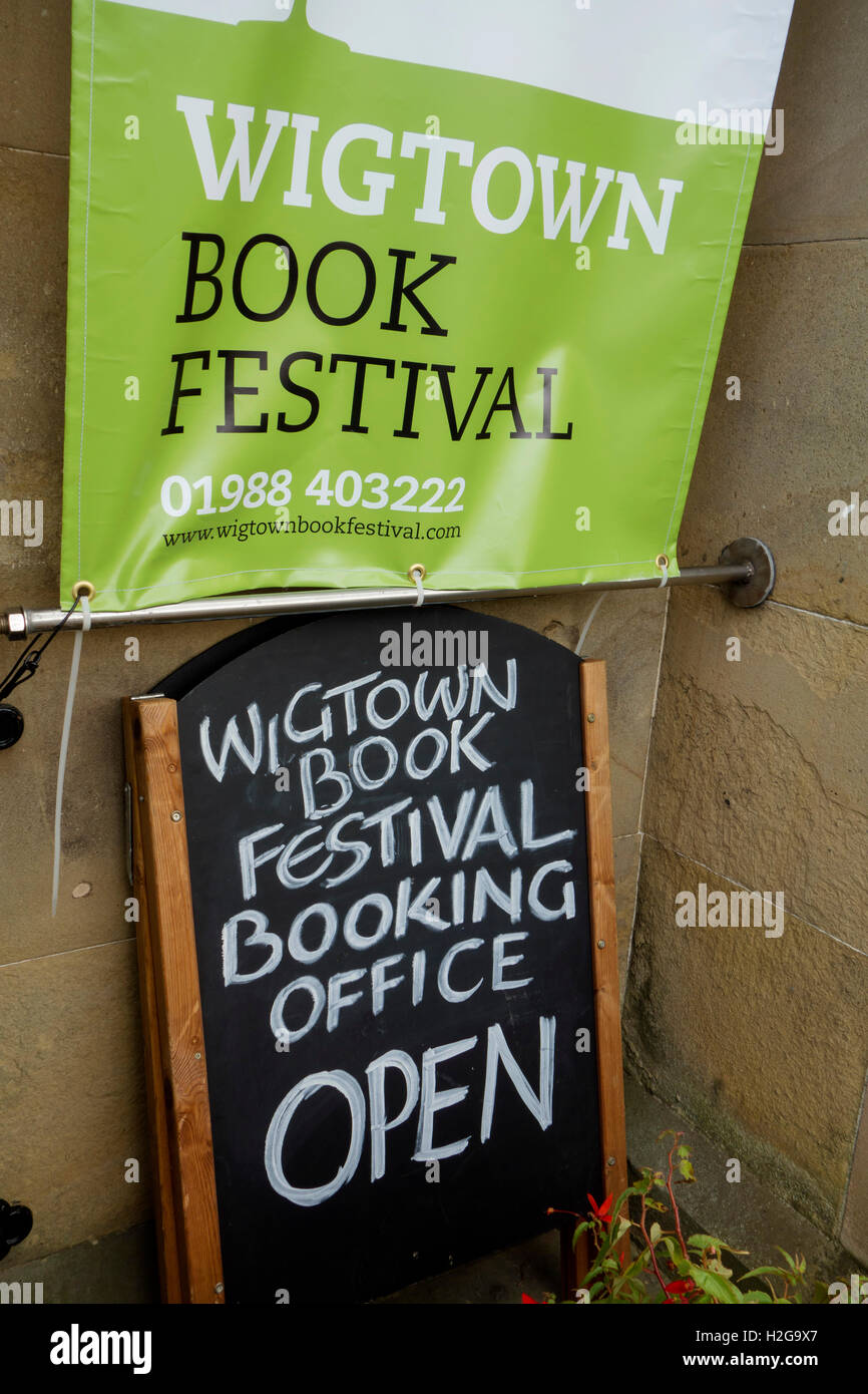 Signs for Wigtown Book Festival in the town of Wigtown, Dumfries and Galloway, southwest