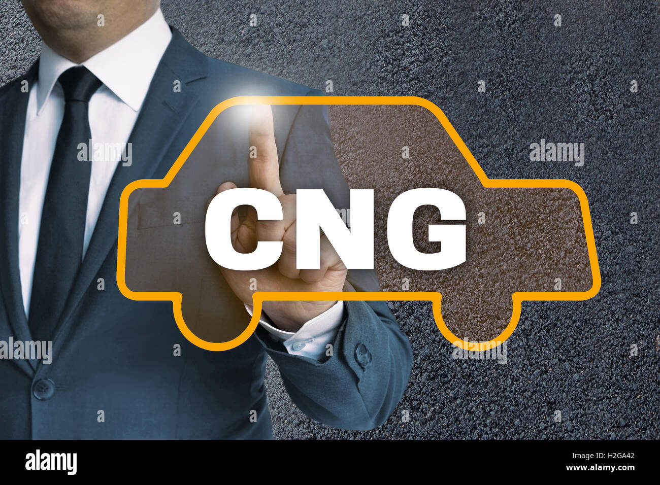 CNG auto touchscreen is operated by businessman concept. Stock Photo
