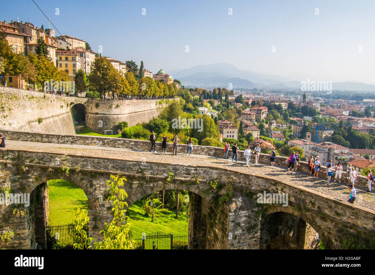 Citta Alta (High town) Bergamo, overlooking modern Bergamo, Bergamo province, Lombardy, Italy. Stock Photo