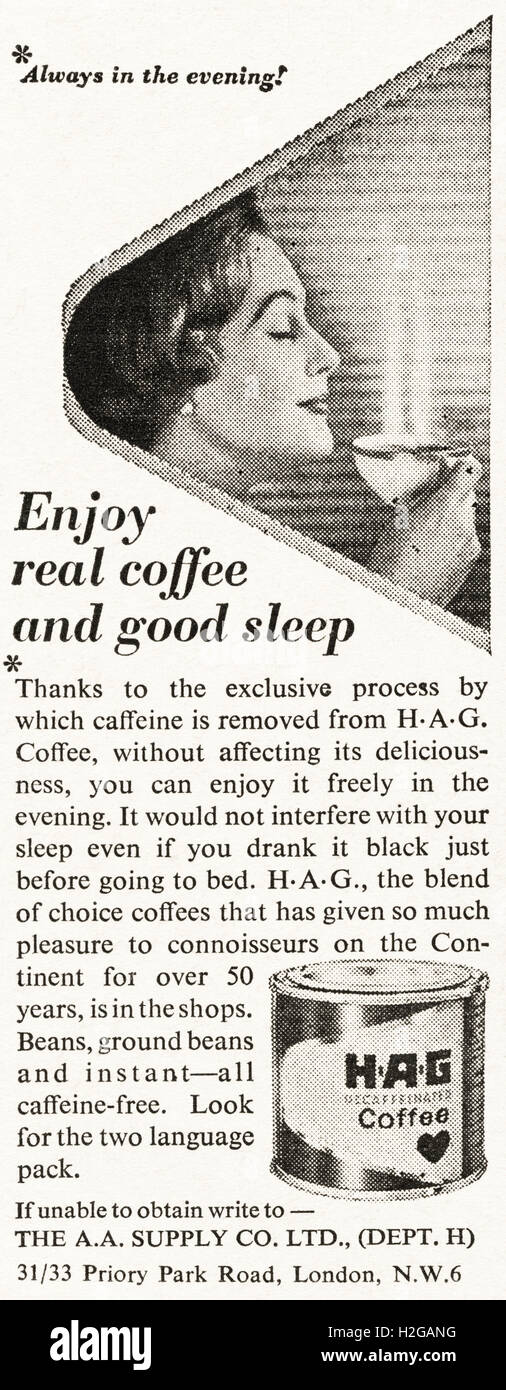 Original old vintage 1960s magazine advert dated 1964. Advertisement advertising HAG decaffeinated coffee Stock Photo