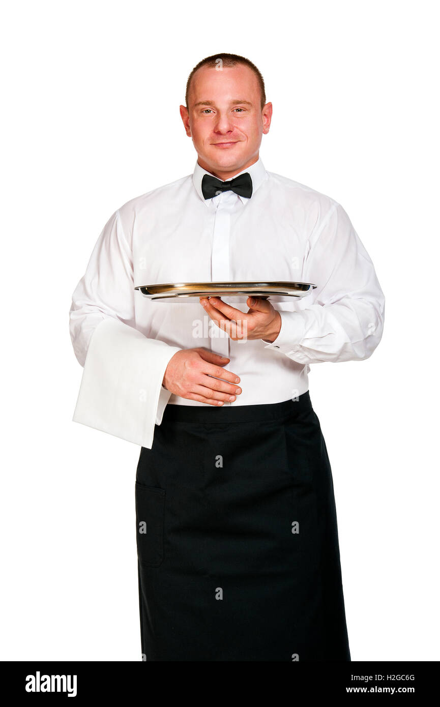 Waiter holding tray. isolated over white background Stock Photo - Alamy