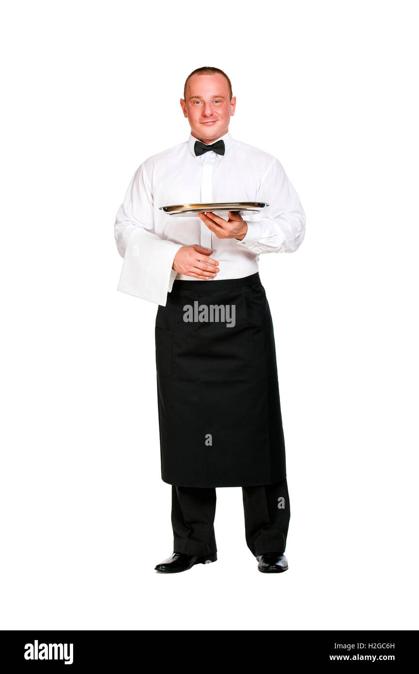 Waiter holding tray. isolated over white background Stock Photo - Alamy