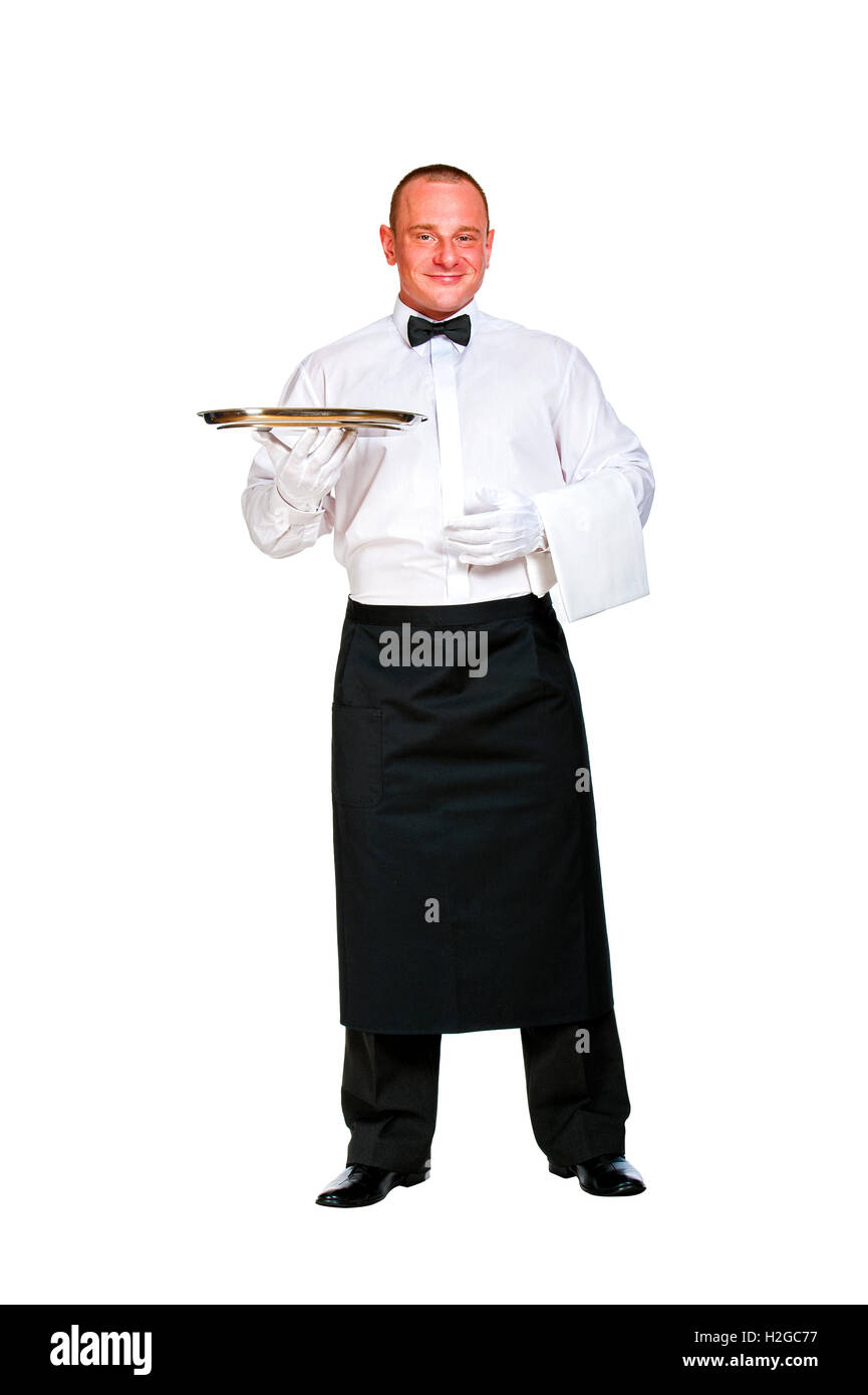 Waiter with tray over white background. Stock Photo