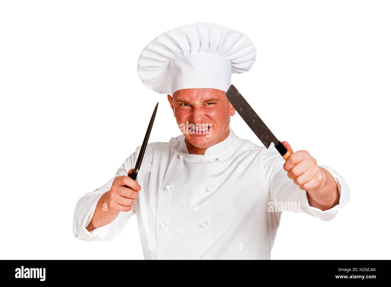 Angry chef with knife isolated over white background Stock Photo Alamy