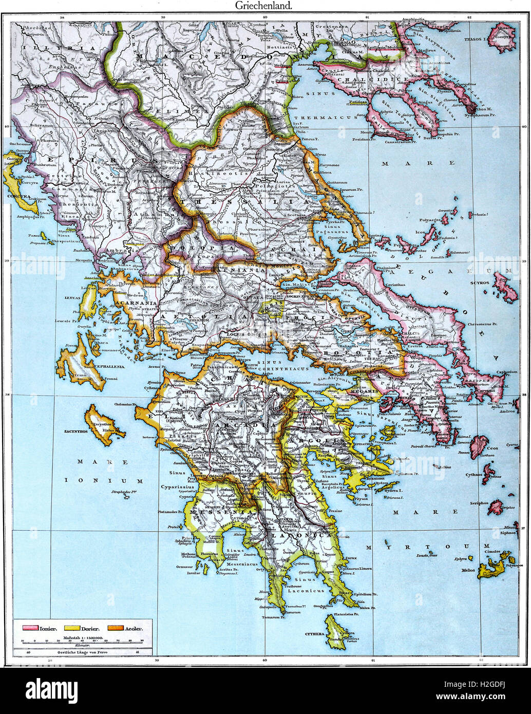 Colored Map of Ancient Greece after Putzger Atlas from 1888, combination of North and South, language Latin and some German Stock Photo