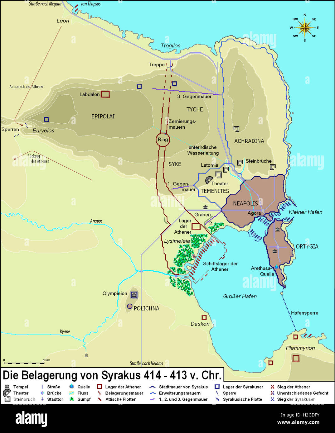 Map of the Siege of Syracuse during the Peloponnesian War 414-413 BC, from Petreius Hyphantes, Die Demagogen, 2010 Stock Photo
