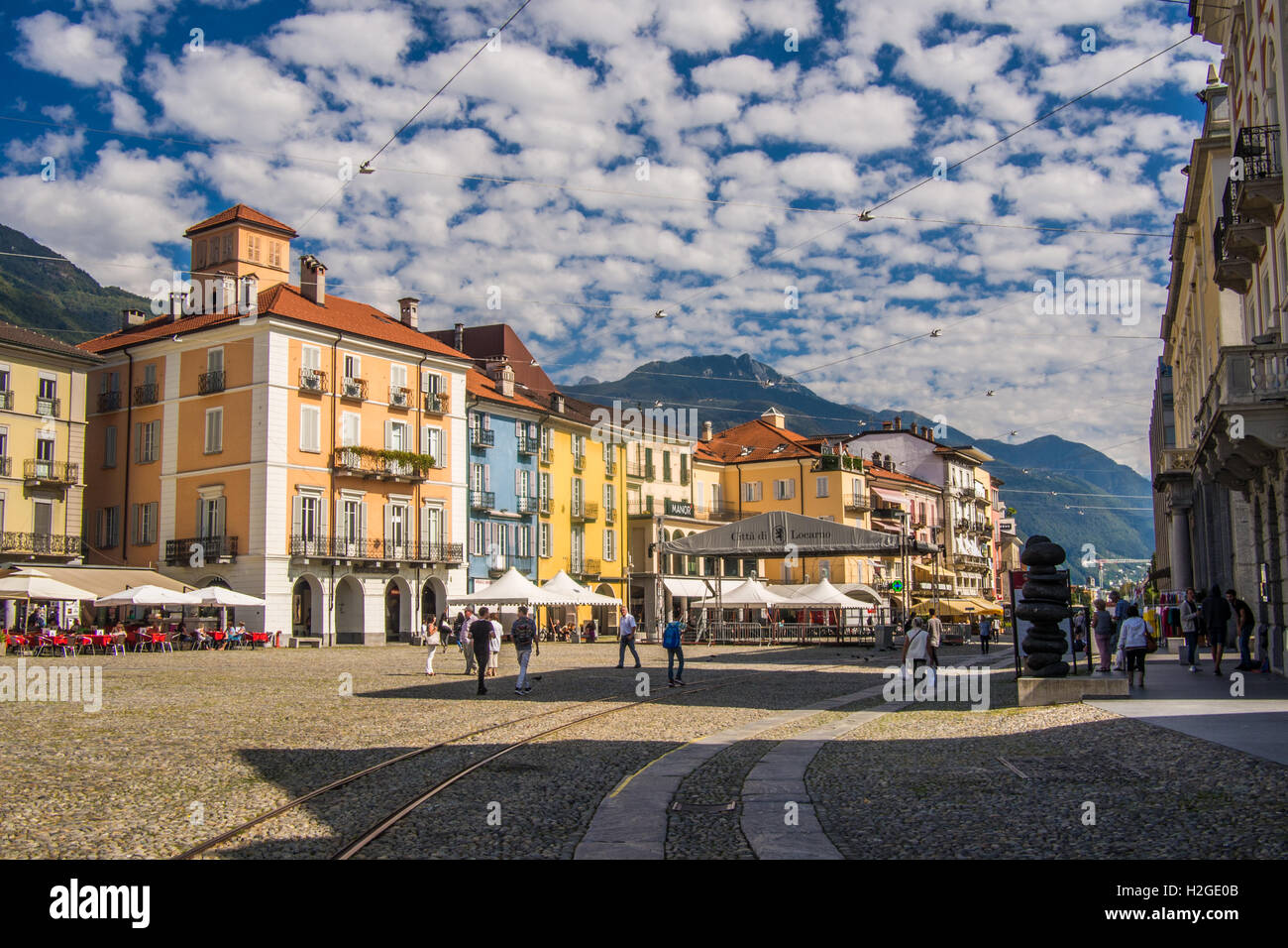 Piazza Grande, Locarno on Lake Maggiore, Switzerland. Stock Photo