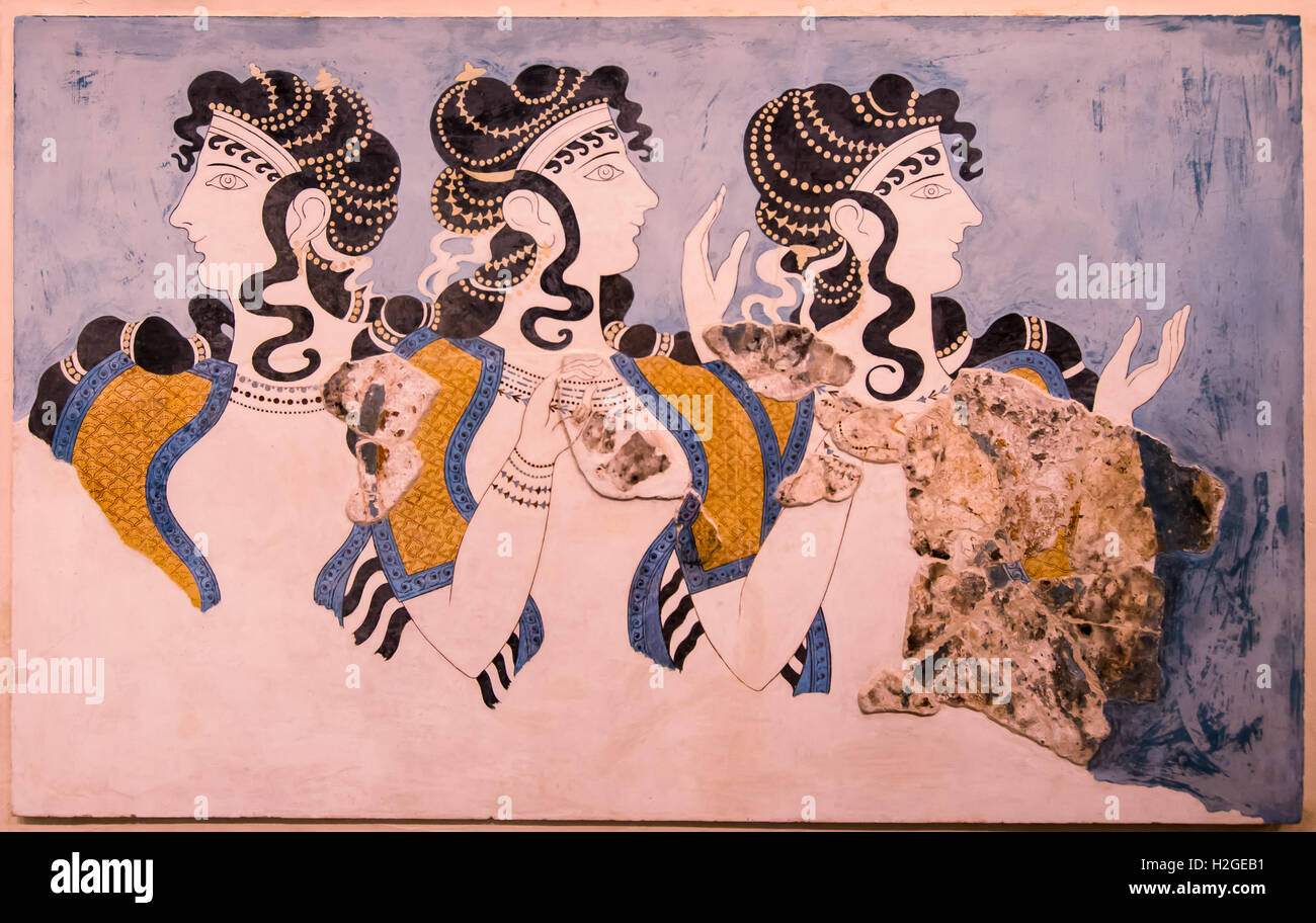 'Ladies in Blue' fresco at Knossos Palace, minoan archaeological site in Crete, Greece Stock Photo