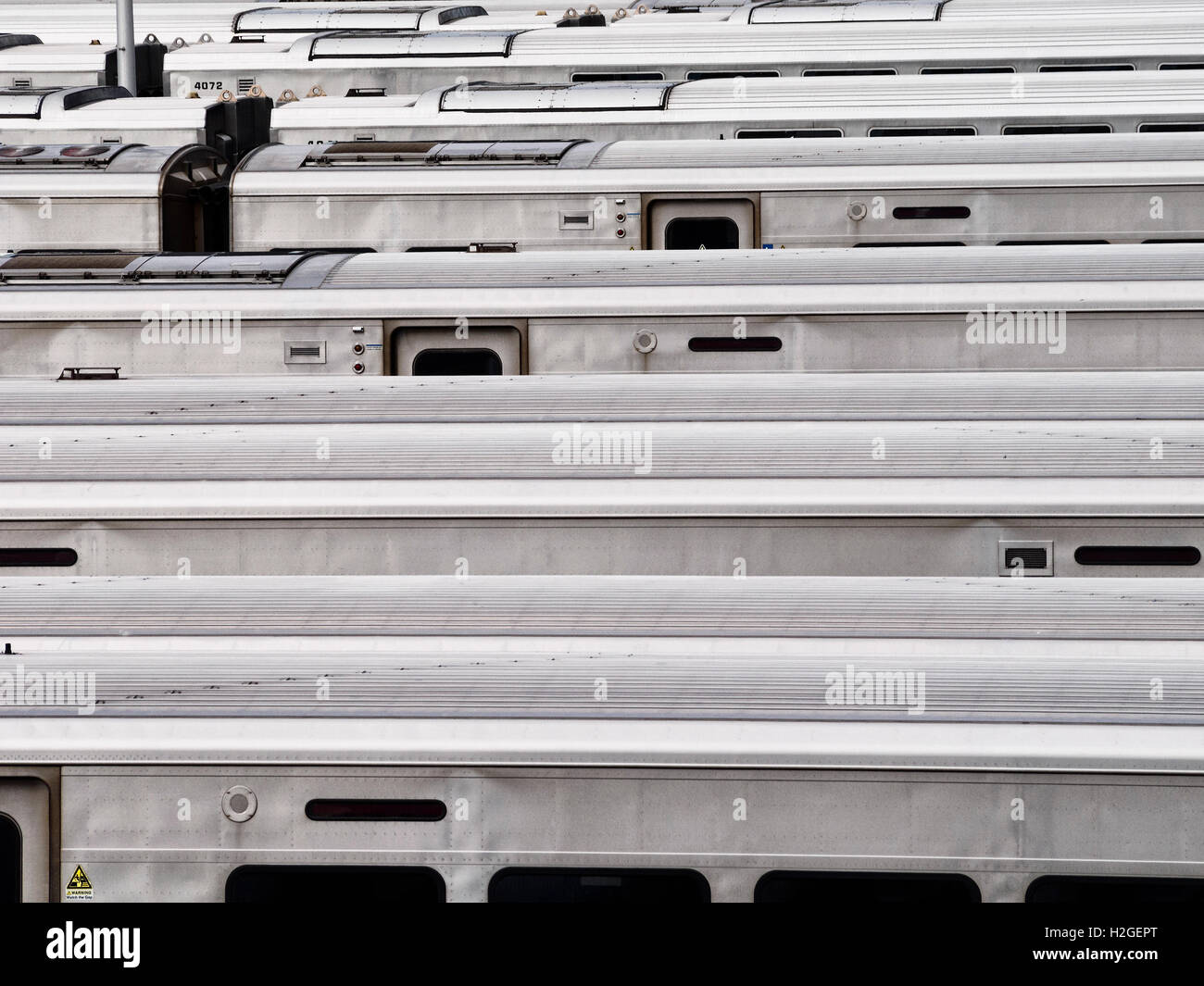 Abstract photograph of MTA Long Island Railroad cars in the Hudson Yards rail yard in NYC seen from the High Line Manhattan, NYC Stock Photo
