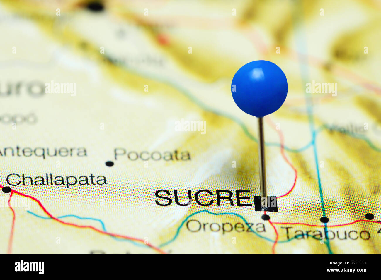 Sucre pinned on a map of Bolivia Stock Photo - Alamy
