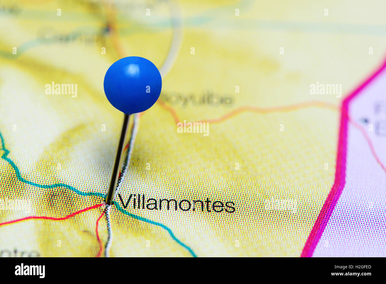 Villamontes pinned on a map of Bolivia Stock Photo
