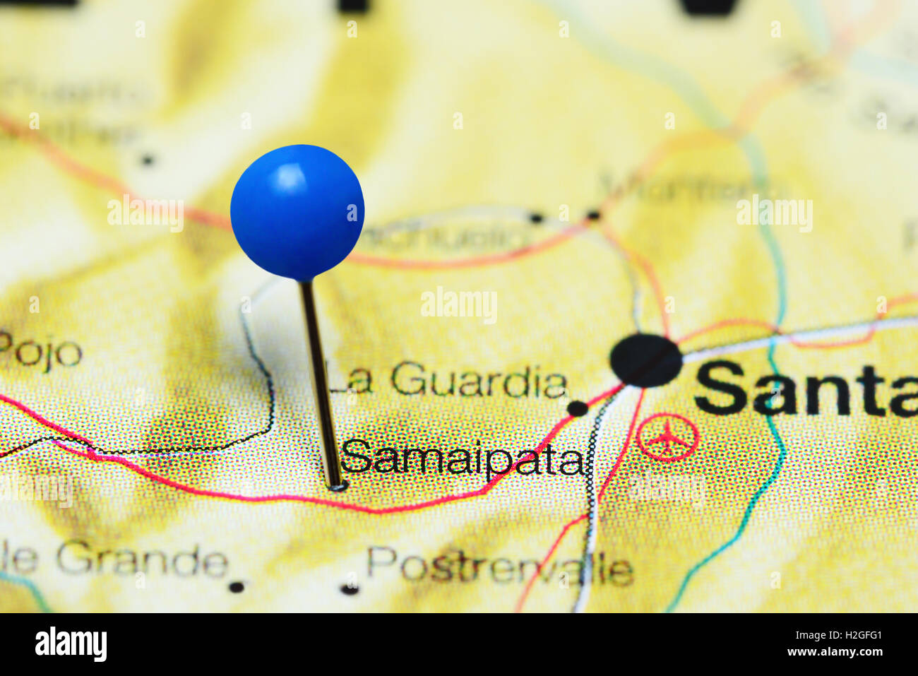 Samaipata pinned on a map of Bolivia Stock Photo