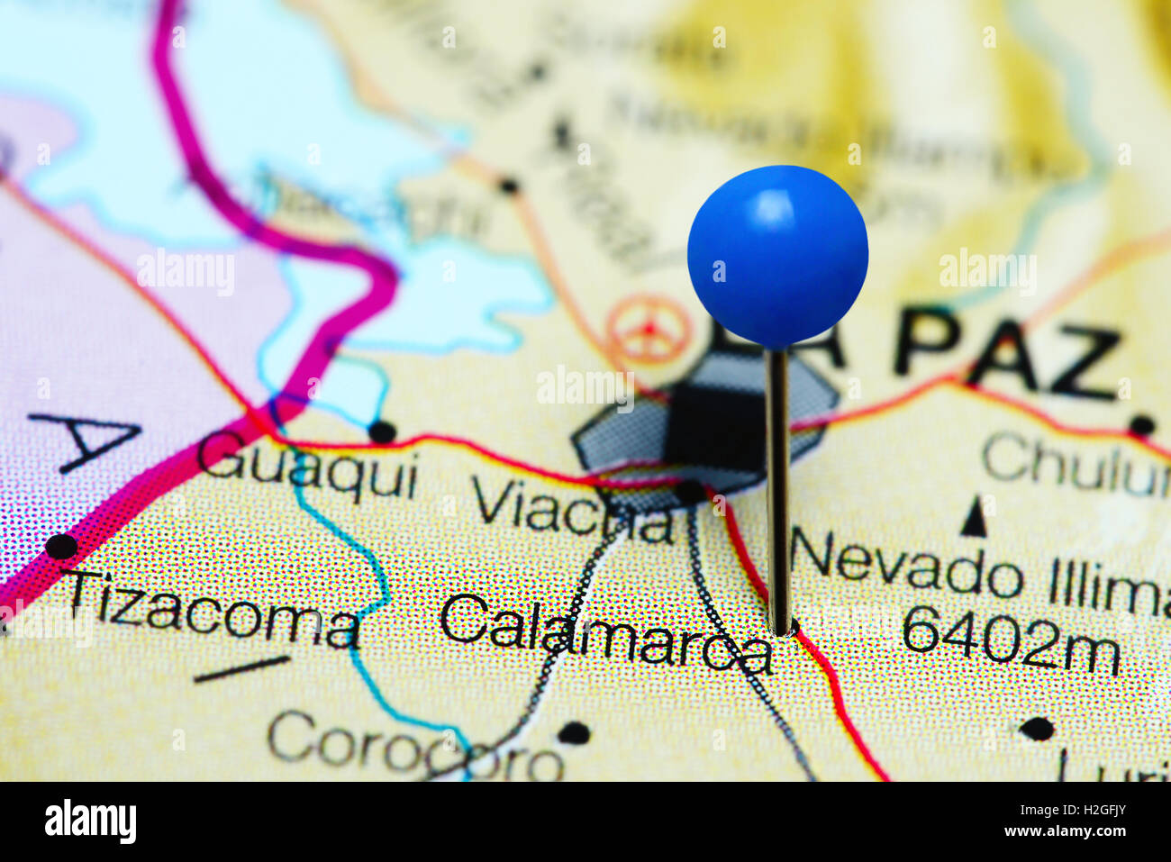 Calamarca pinned on a map of Bolivia Stock Photo